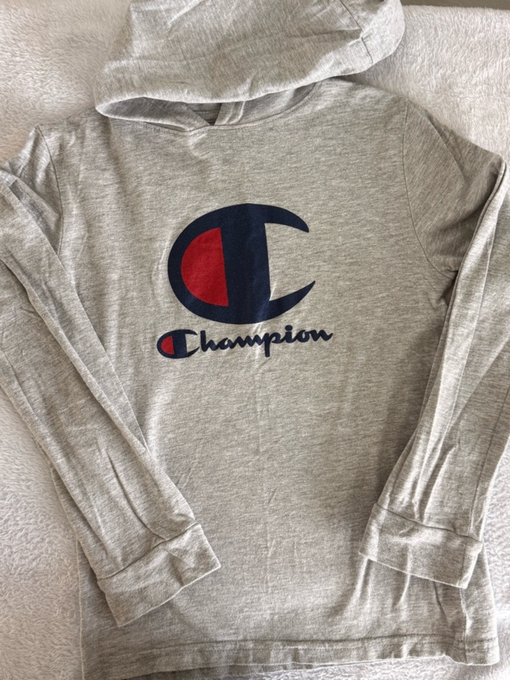 Champion Kids Light Grey Hoodie with Navy and Red Logo